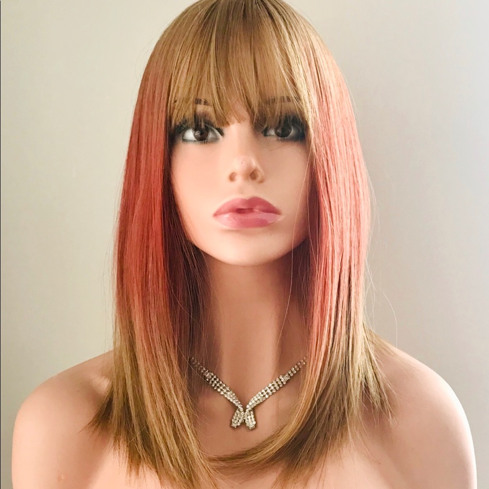 “Put On & Go” Brown/Coral Mix Synthetic Wig with Bangs - NO FURTHER DISCOUNT🌷